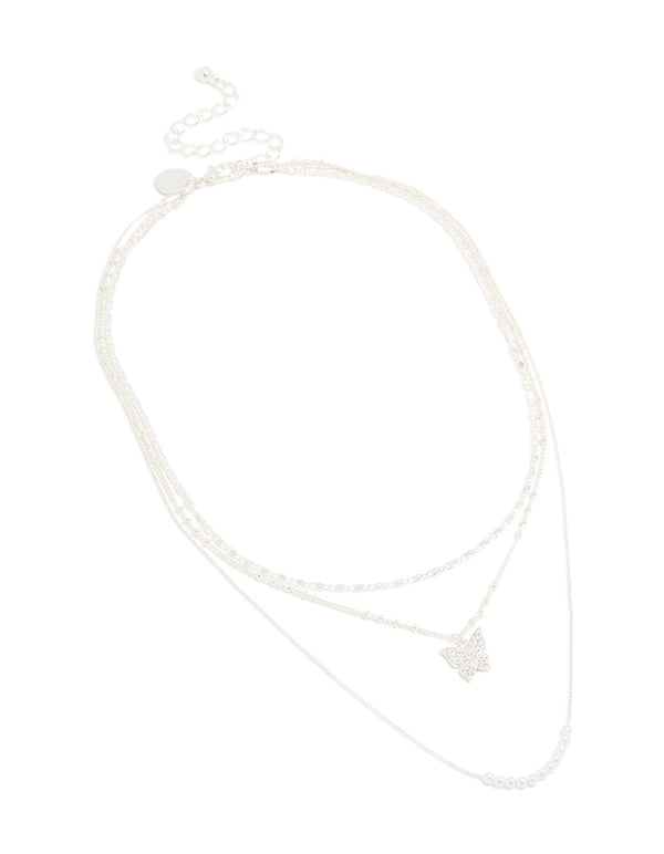 Silver Plated Cubic Zirconia Butterfly, Pearls & Chain Layered Necklace