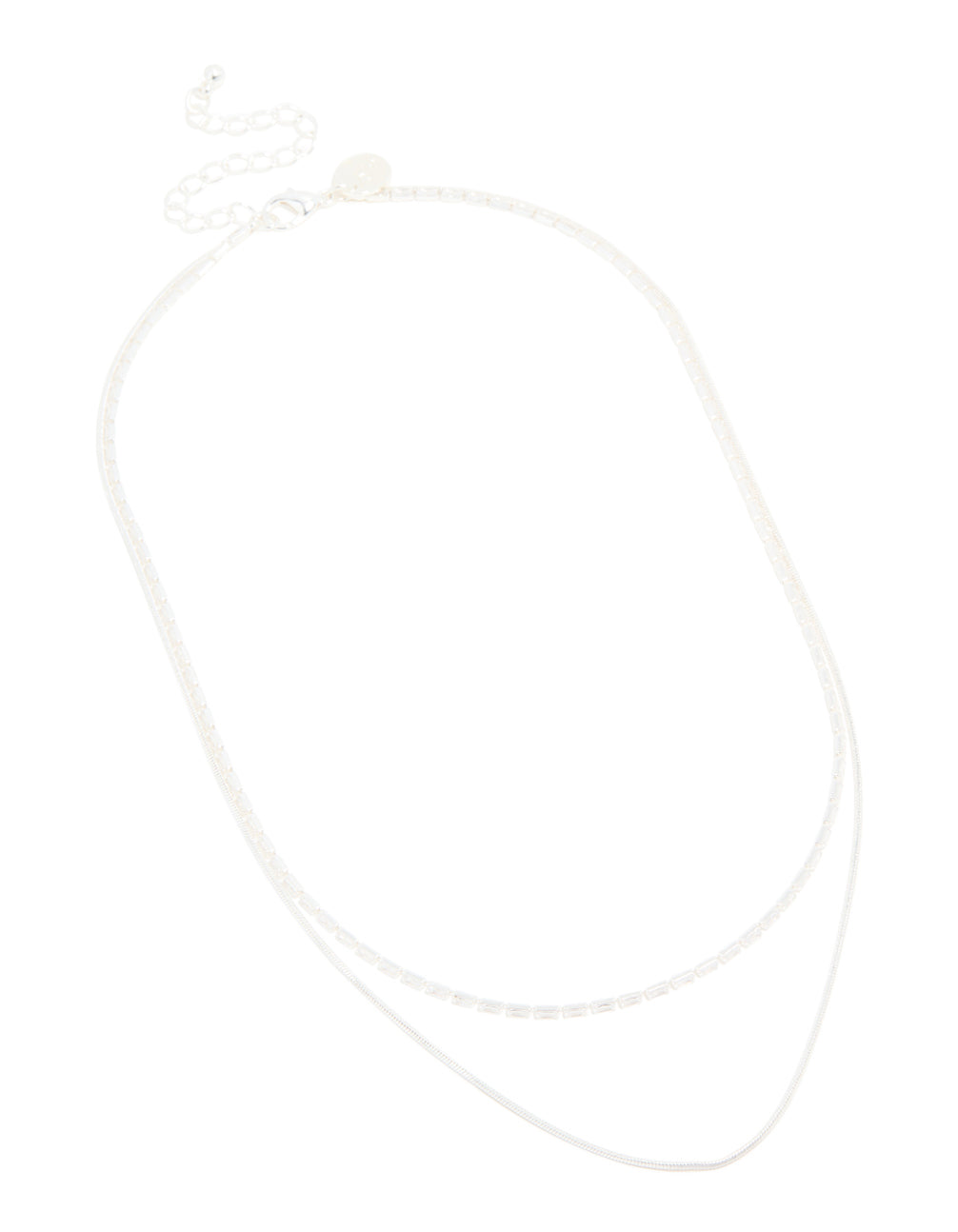 Silver Plated Cubic Zirconia Baguette & Chain Layered Necklace