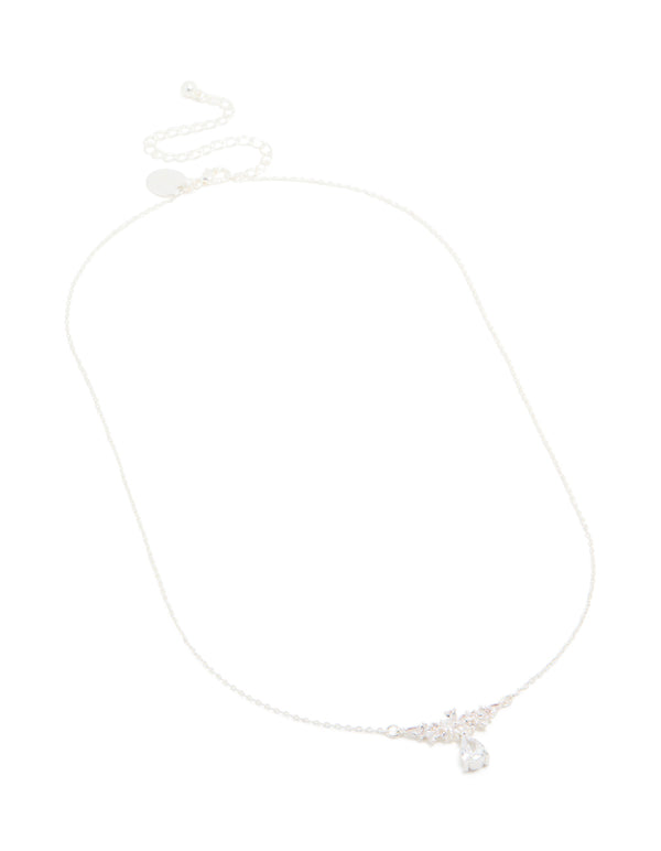Silver Plated Cubic Zirconia Floral Dainty Teardrop Necklace