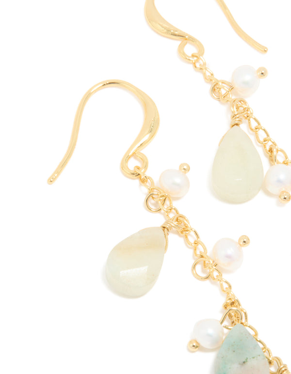 Gold Plated Freshwater Pearl & Green Semi Precious Stone Chain Drop Hook Earrings