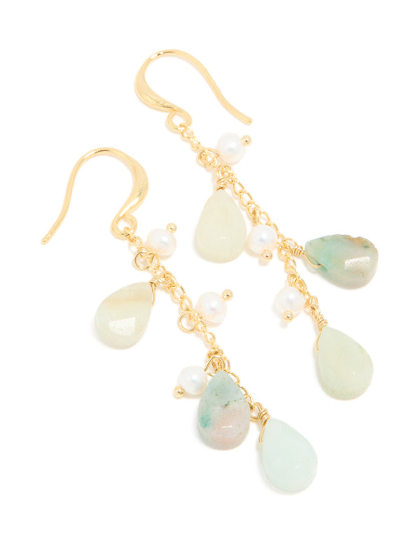 Gold Plated Freshwater Pearl & Green Semi Precious Stone Chain Drop Hook Earrings
