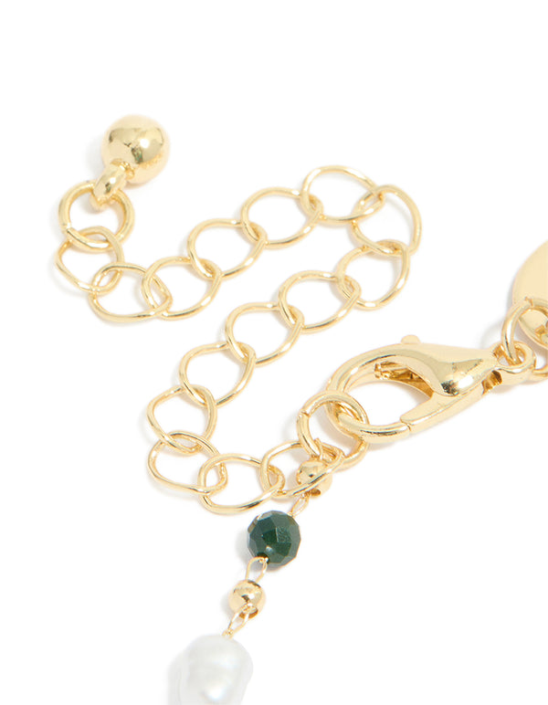 Gold Plated Green Semi Precious & Pearls Bracelet