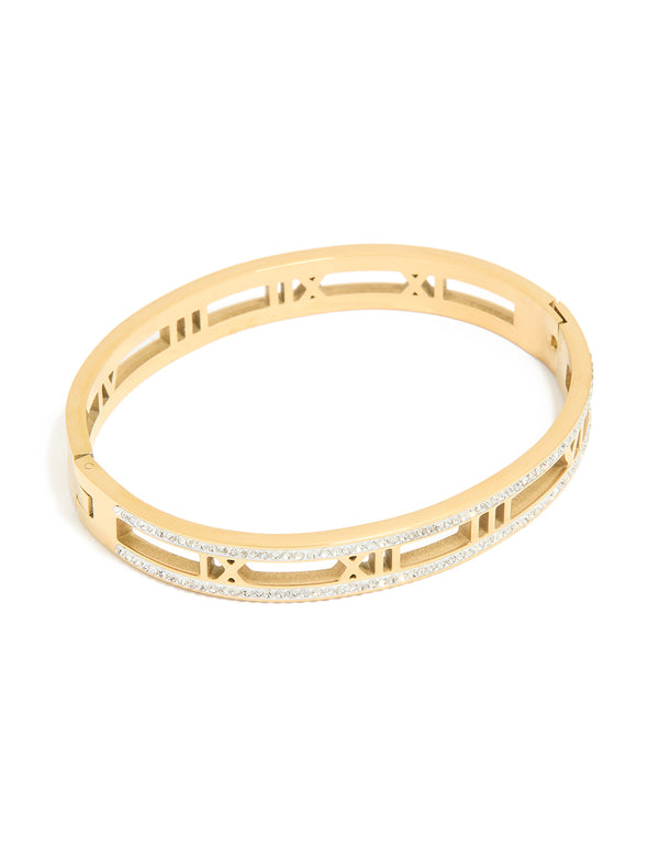 Waterproof Gold Plated Stainless Steel Diamante Roman Numeral Bangle
