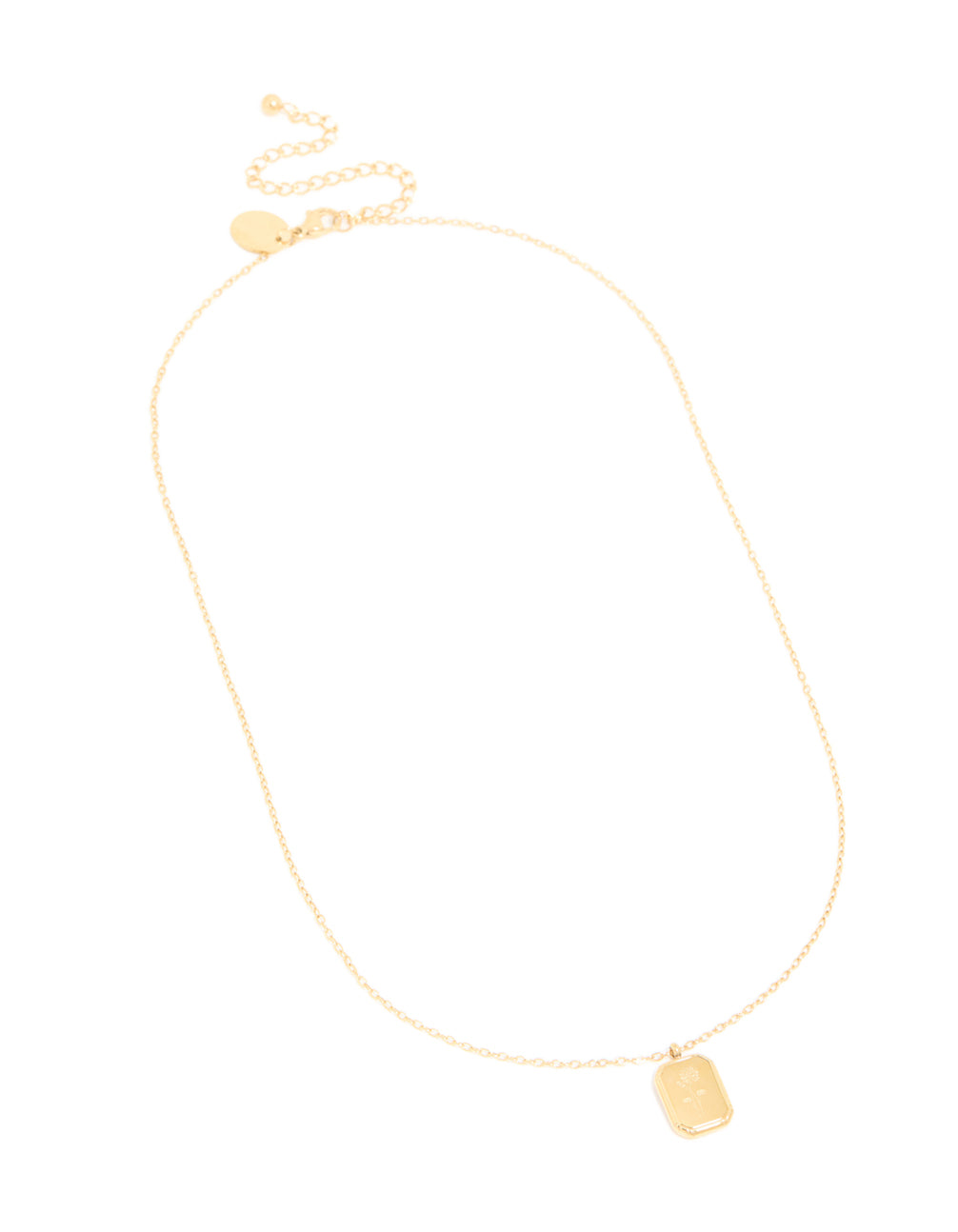 A waterproof birth flower July larkspur necklace in gold plated stainless steel with floral detail front view