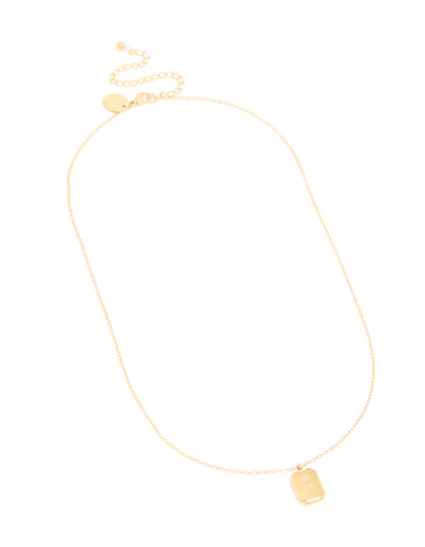 A waterproof birth flower July larkspur necklace in gold plated stainless steel with floral detail front view