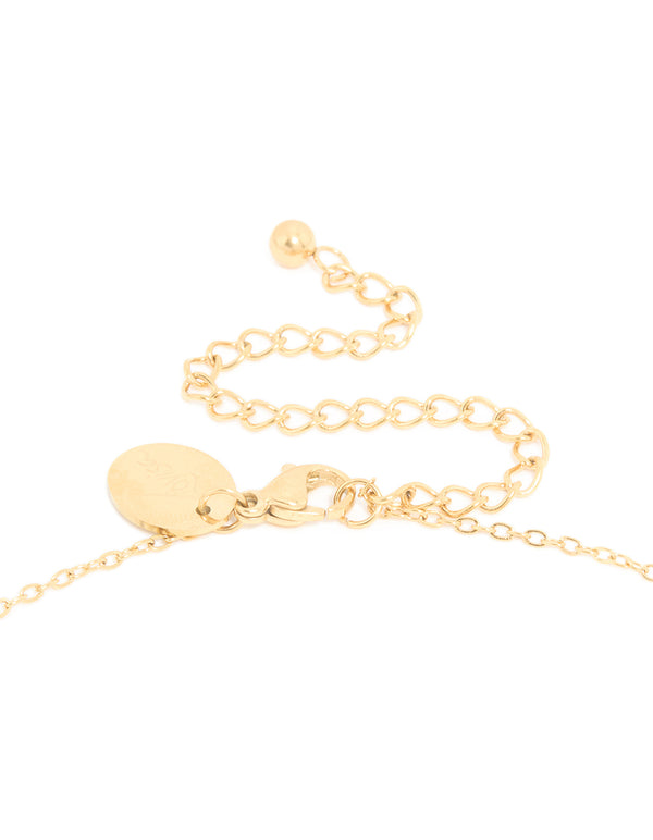 Highlighting the waterproof birth flower July larkspur necklace crafted from gold plated stainless steel with floral detail clasp detail view