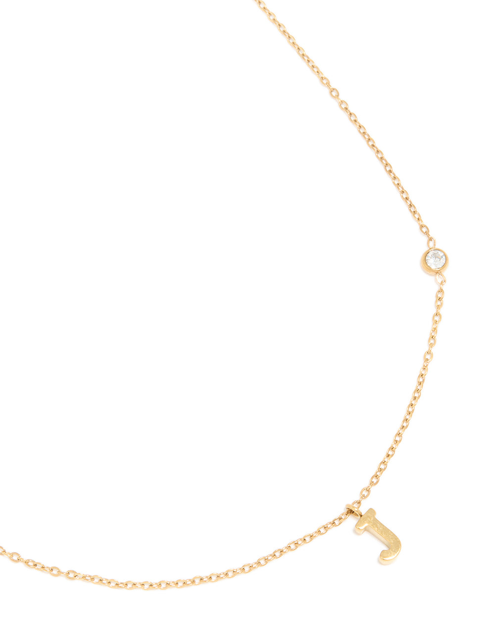 Crafted from waterproof gold plated stainless steel, this dainty pendant necklace features a letter J initial front view