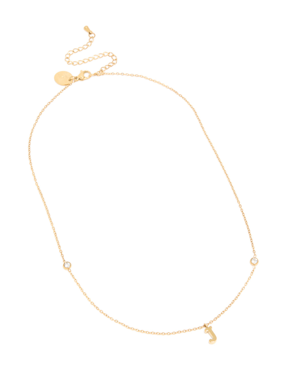 Featuring a waterproof gold plated stainless steel letter J initial dainty pendant necklace close up view