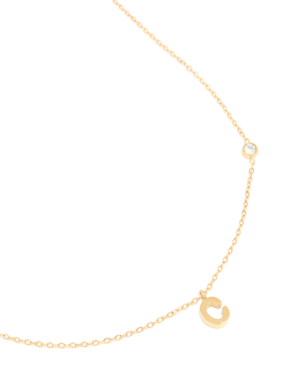 Crafted from waterproof gold plated stainless steel, this letter C pendant necklace features a dainty styling close up view