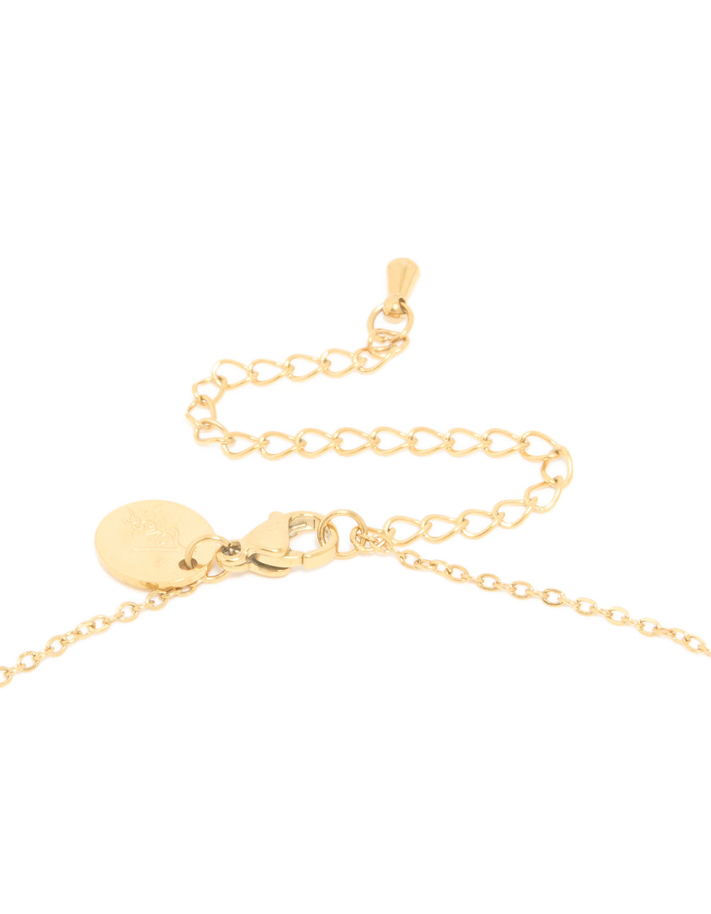 Highlighting a waterproof letter T initial dainty pendant necklace in gold plated stainless steel clasp detail view