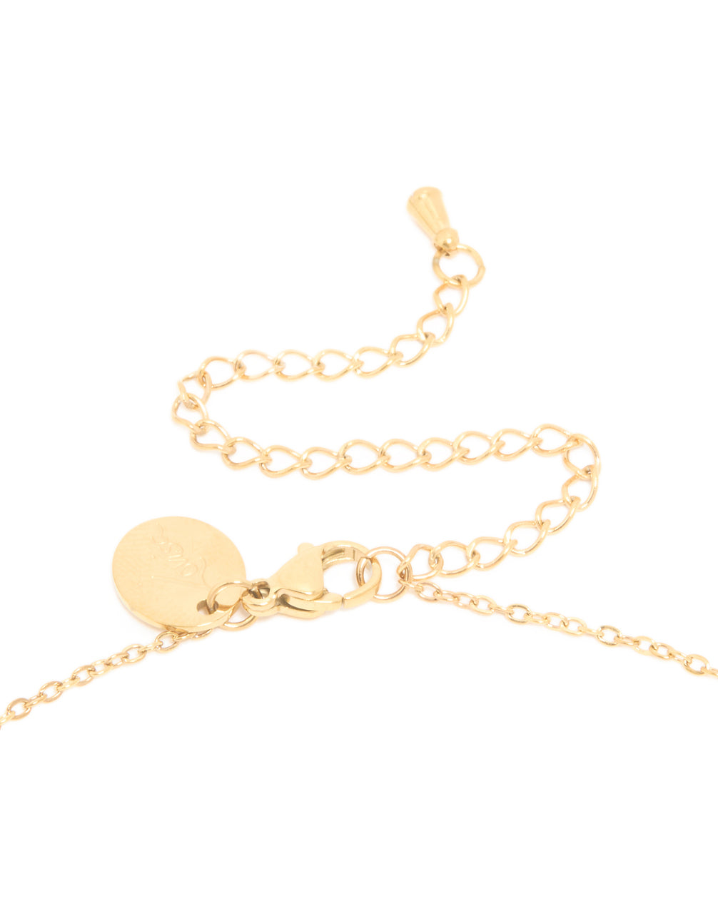 Showcasing the waterproof gold plated stainless steel dainty pendant necklace with beads, initial charm letter L clasp detail view
