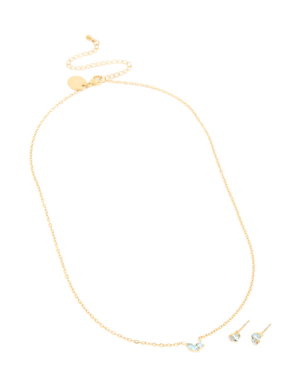 Waterproof Gold Plated Stainless Steel March Blue Cubic Zirconia Birthstone Necklace & Earrings Set