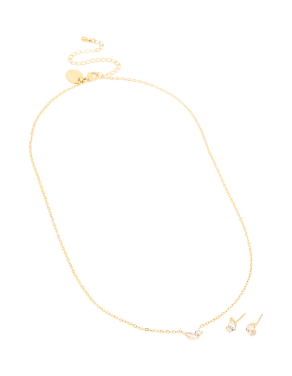 Waterproof Gold Plated Stainless Steel April Cubic Zirconia Birthstone Necklace & Earrings Set