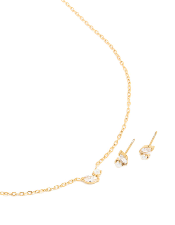 Waterproof Gold Plated Stainless Steel June Cubic Zirconia Birthstone Necklace & Earrings Set