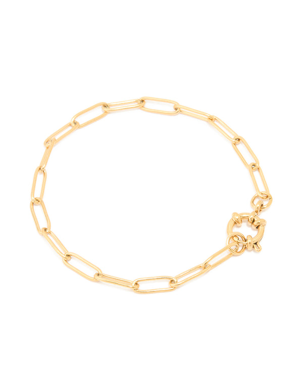 Featuring a waterproof gold plated stainless steel fine link dainty clasp bracelet in gold front view