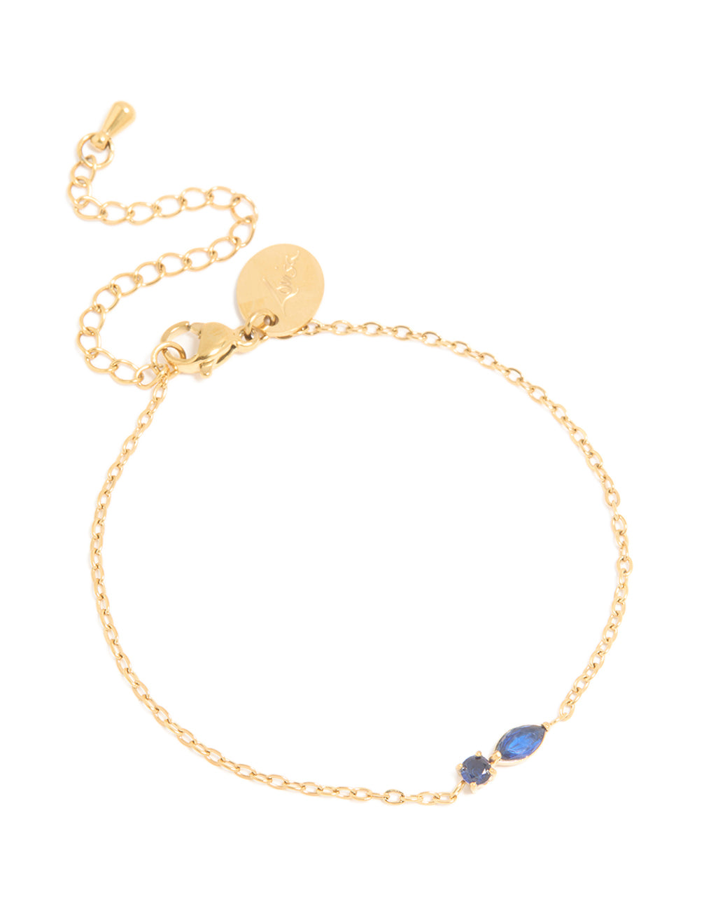 Featuring a waterproof gold plated stainless steel September blue cubic zirconia birthstone bracelet front view
