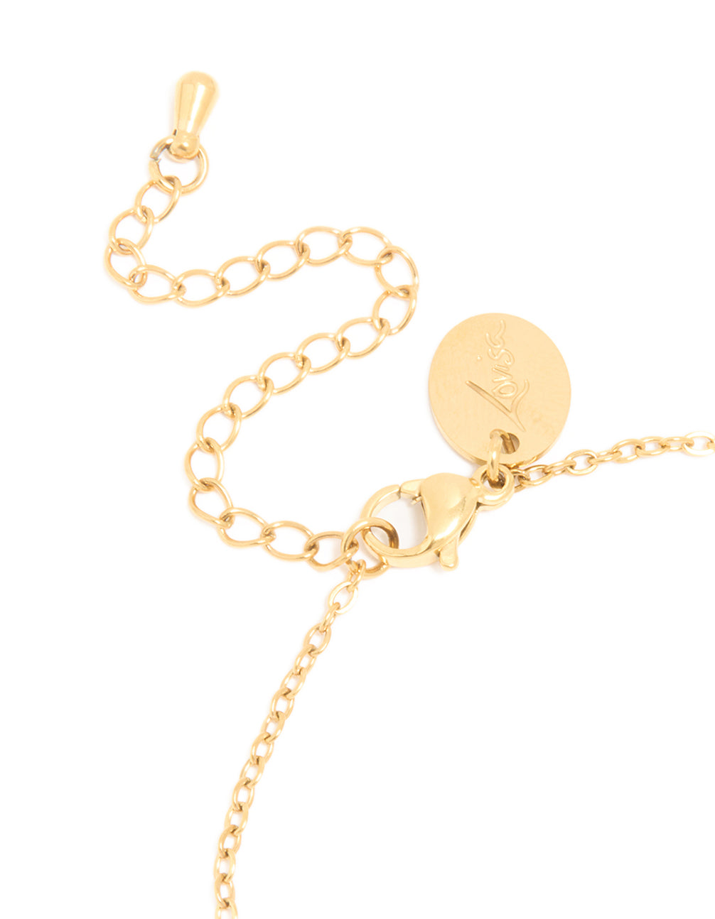 Detailed view of waterproof bracelet in gold plated stainless steel featuring light blue cubic zirconia closure detail view