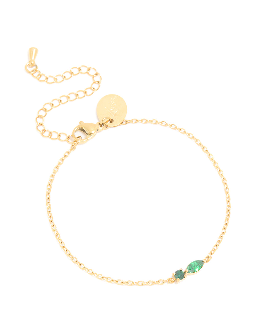 Showcasing a waterproof gold plated stainless steel may green cubic zirconia birthstone bracelet in a dainty style front view