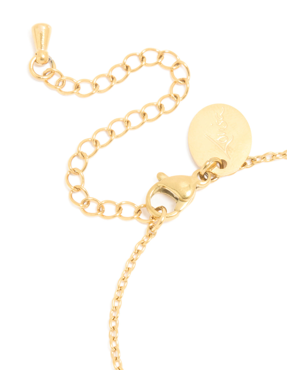 Displaying waterproof gold plated stainless steel may green cubic zirconia birthstone bracelet in a dainty design closure detail view