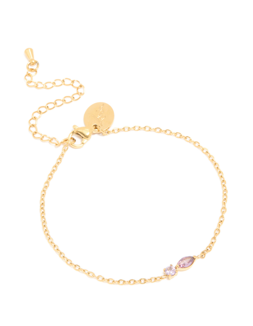 Featuring a bracelet with waterproof stainless steel, February purple cubic zirconia birthstone accents, and an adjustable chain front view