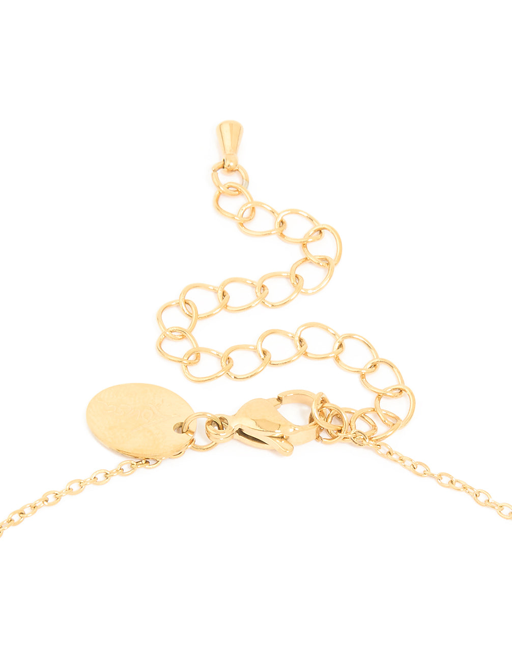 Highlighting the clasp and adjustable chain of a waterproof gold plated stainless steel celestial sun pendant necklace clasp detail view