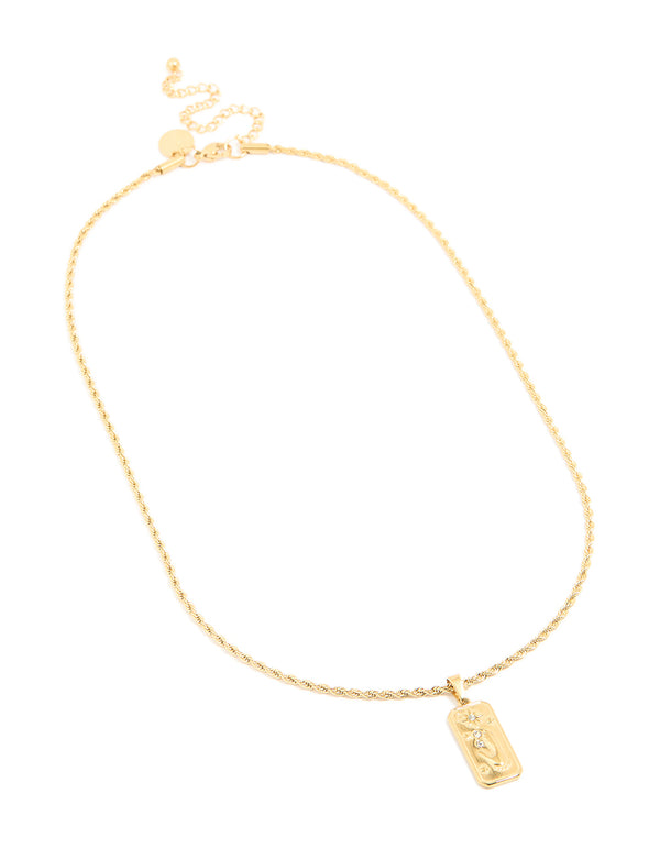 Highlighting a celestial and floral pendant necklace designed with waterproof gold plated stainless steel front view