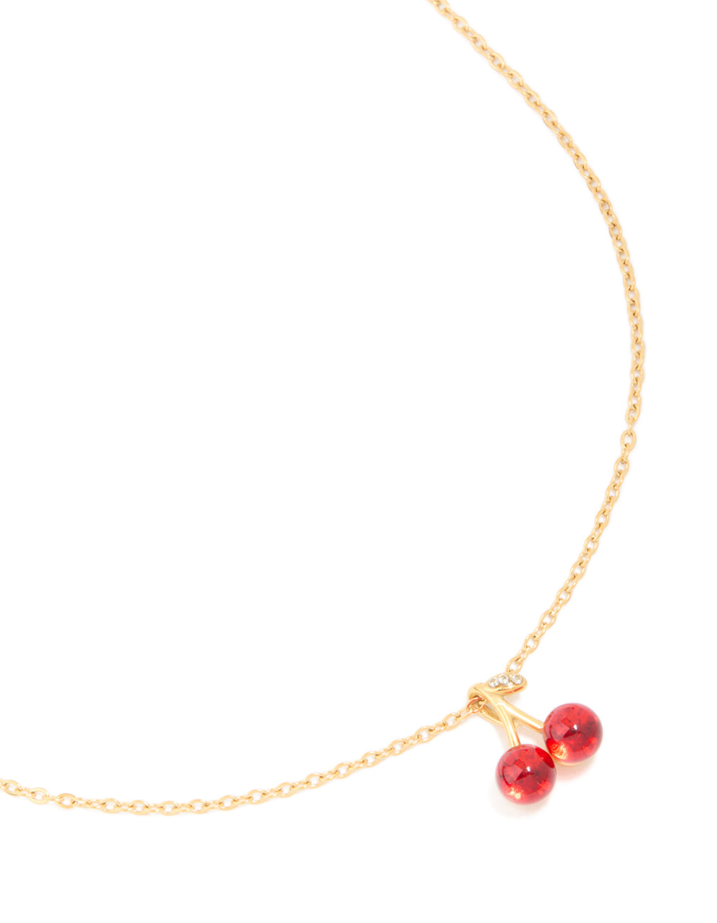 Showcasing a waterproof red glass cherry pendant necklace crafted from gold plated stainless steel front view