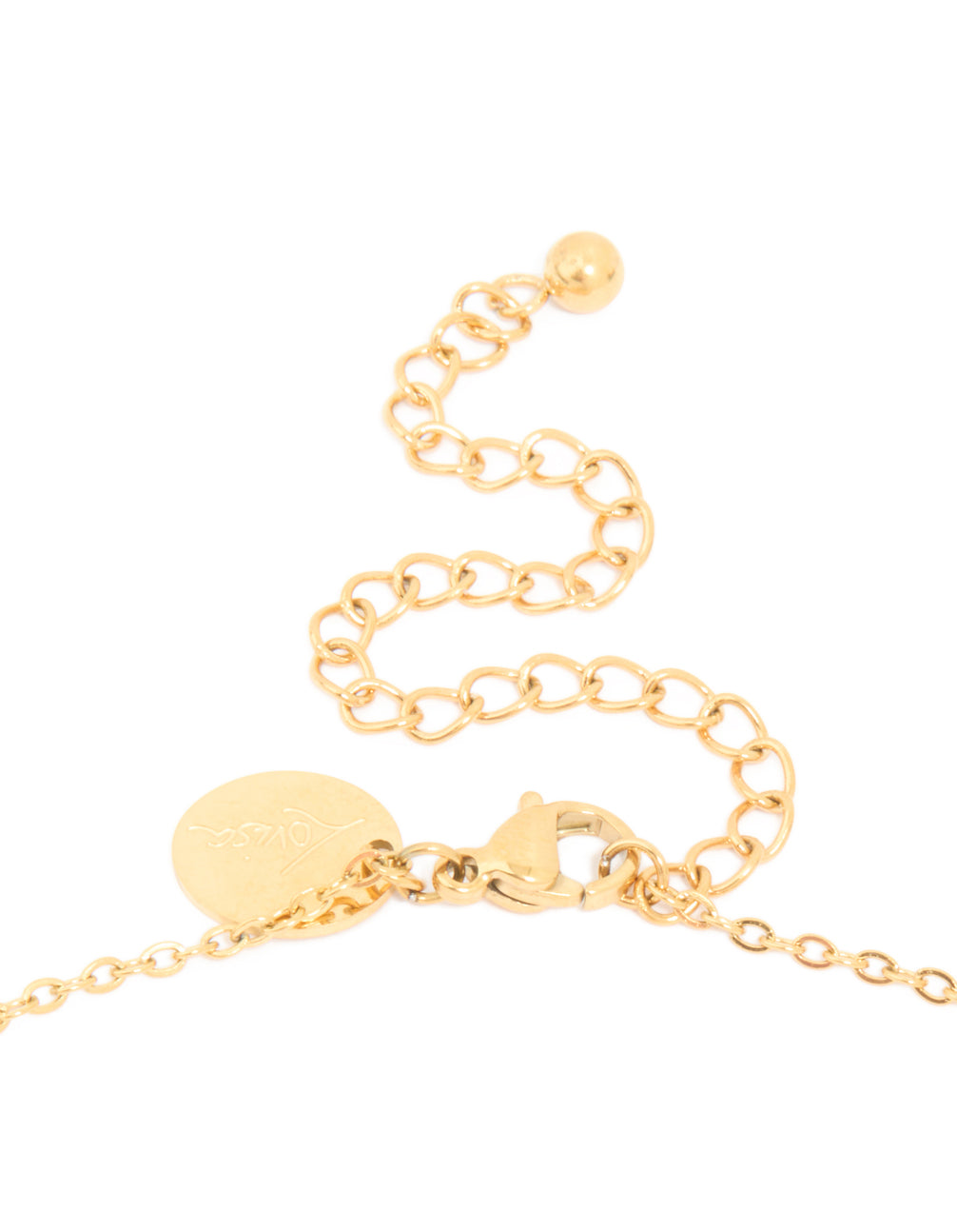 Highlighting a waterproof red glass cherry pendant necklace in gold plated stainless steel clasp detail view