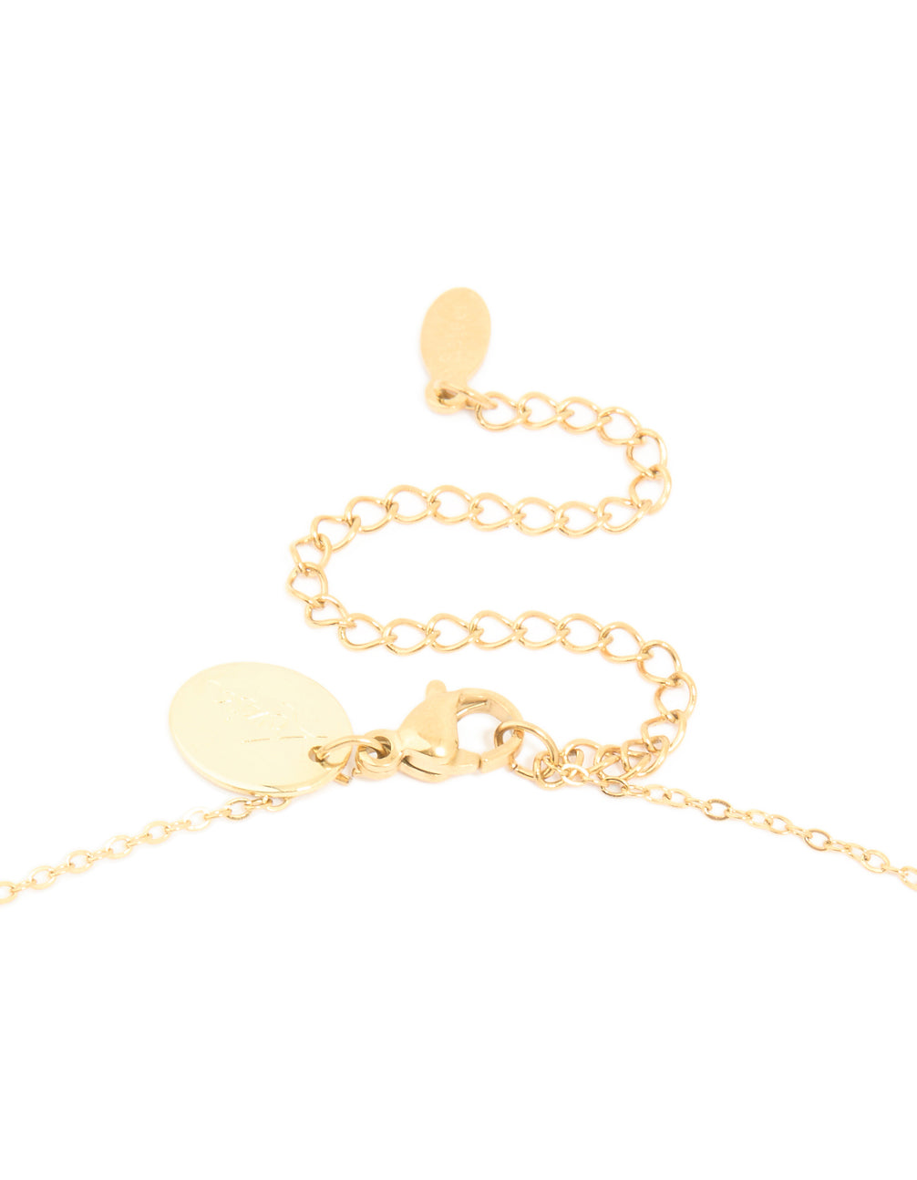 Admire a waterproof celestial necklace with full and crescent moon phase design in stainless steel gold plated finish clasp detail view