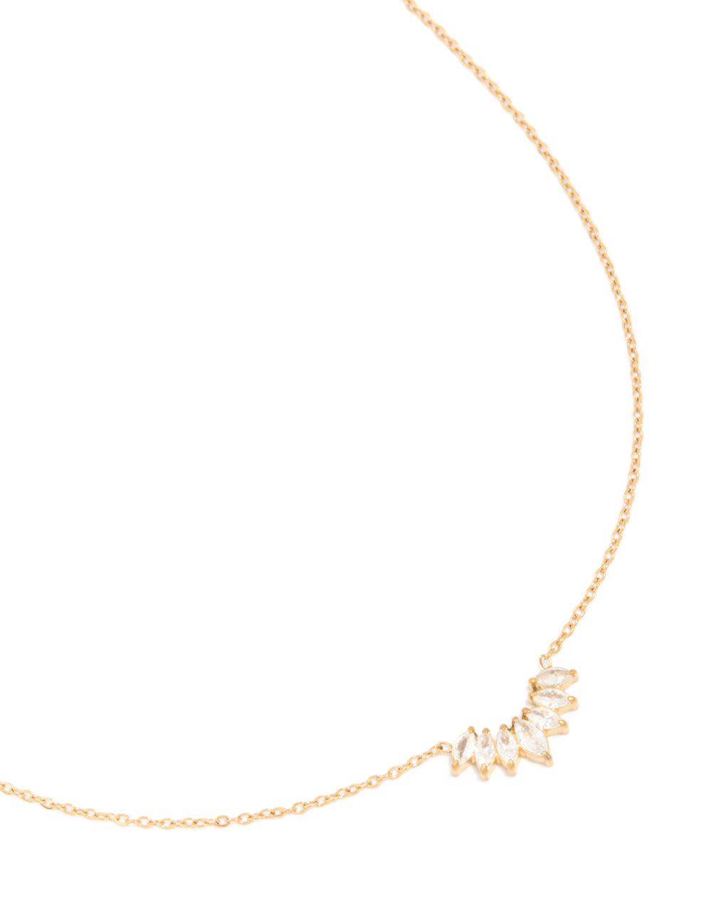 Showcasing a waterproof necklace with marquise cut cubic zirconia fan pendant in stainless steel and gold plated finish close up view