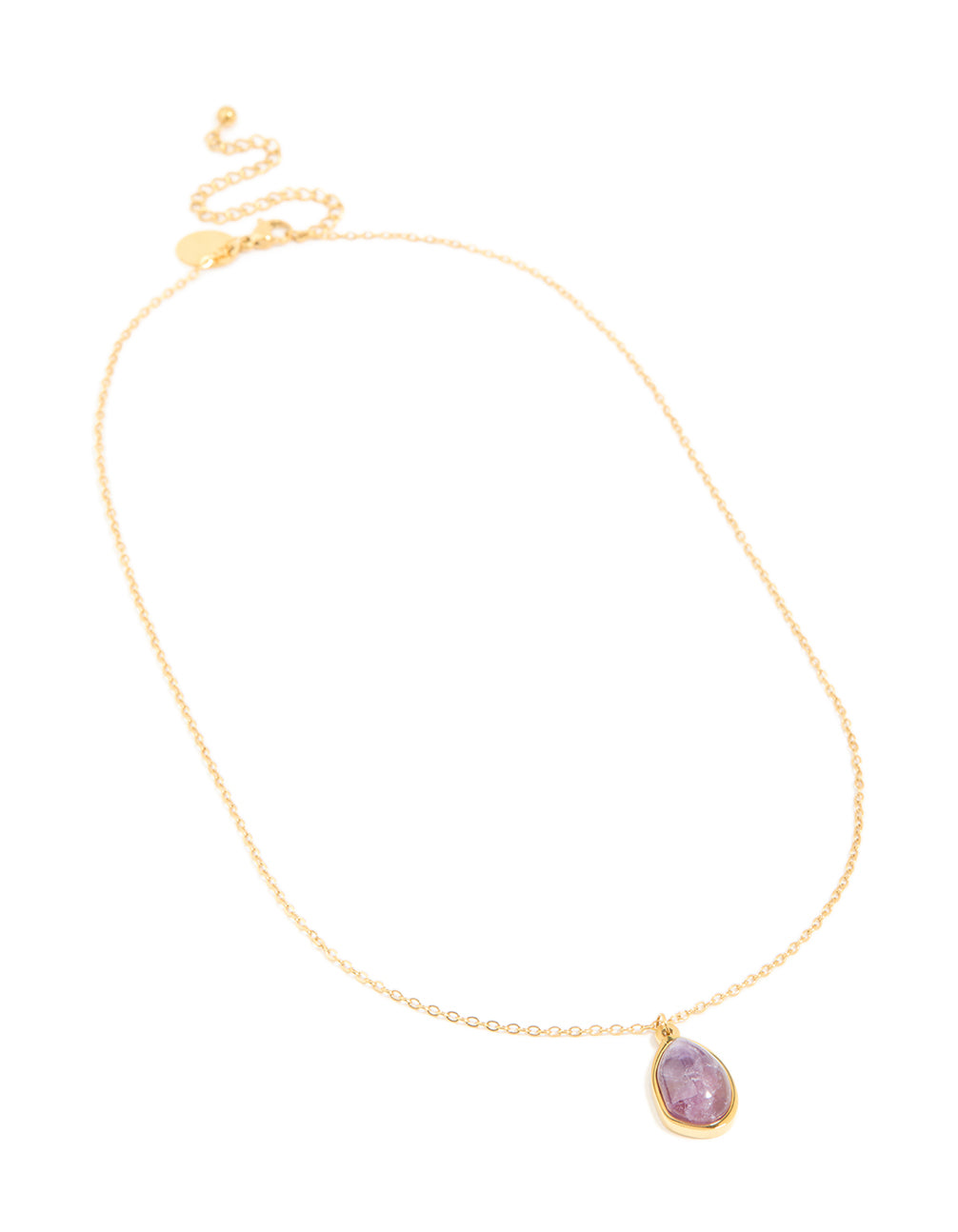 Presenting a waterproof dainty necklace in gold plated stainless steel featuring amethyst pendant and purple details front view