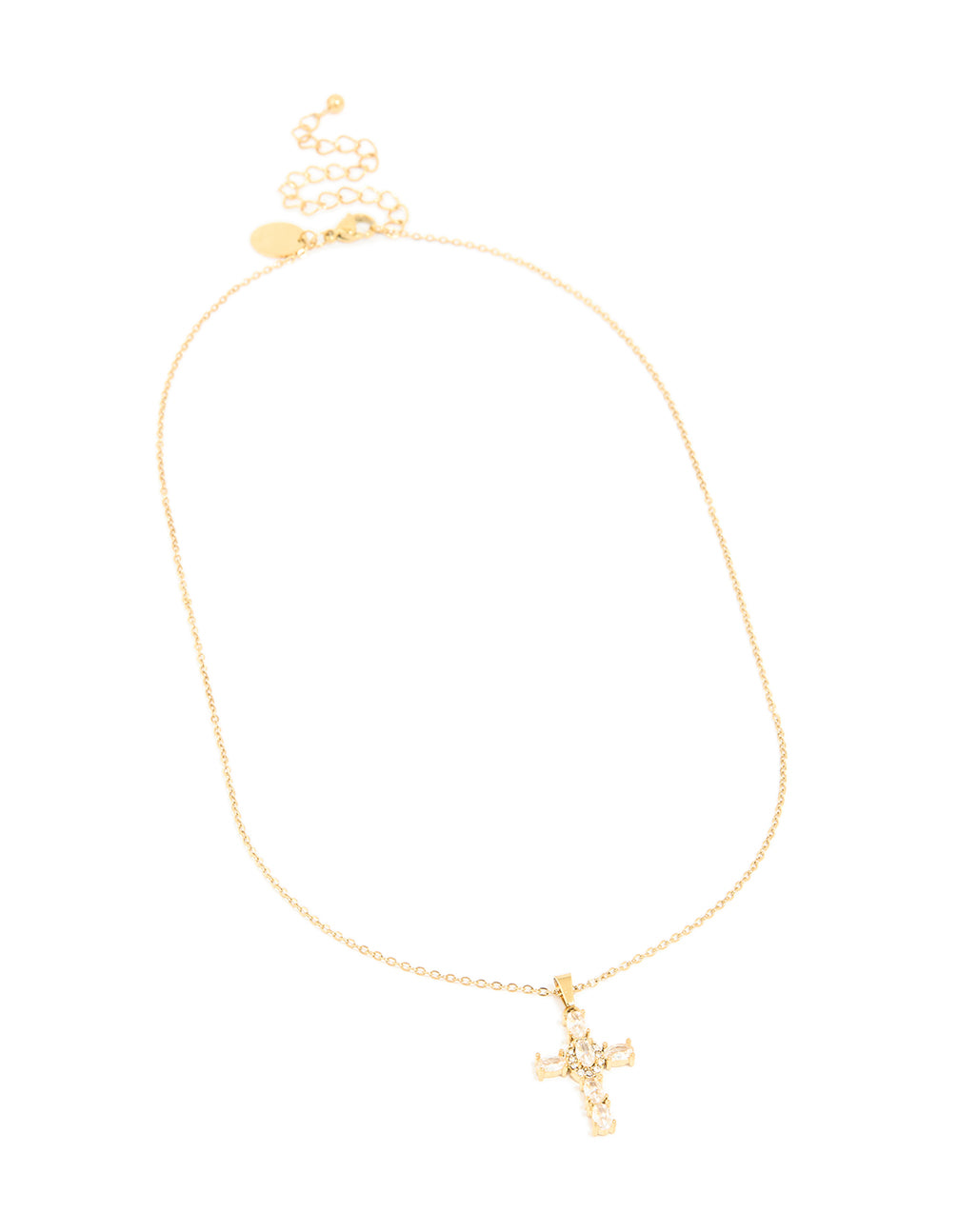 Designed with waterproof gold plated stainless steel cubic zirconia cross necklace featuring pendant and dainty style front view