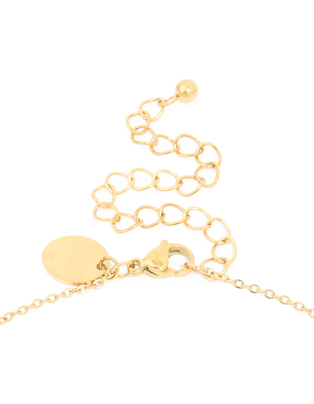 Highlighting the waterproof gold plated stainless steel cubic zirconia cross necklace with pendant and adjustable clasp detail view