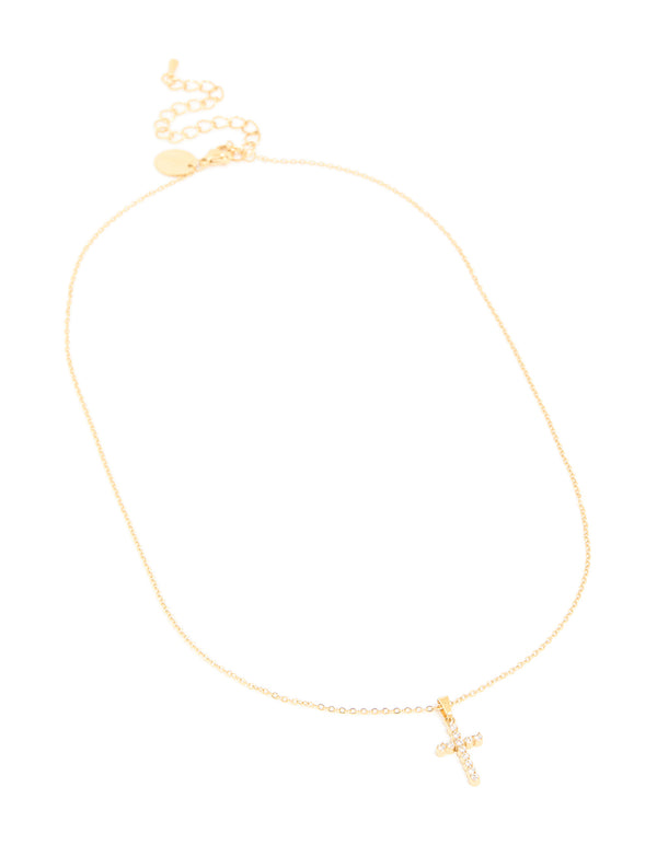 Elegant waterproof gold plated stainless steel cross pendant necklace featuring cubic zirconia front view