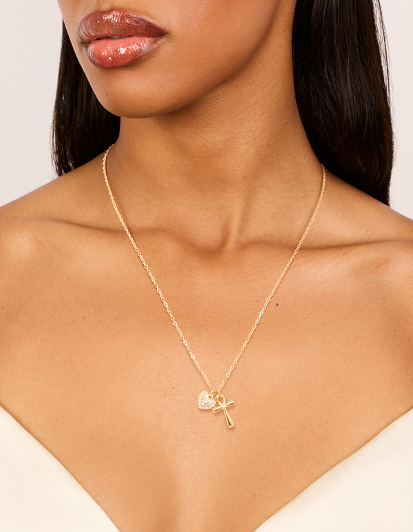 Waterproof Gold Plated Stainless Steel Cubic Zirconia Pave Cross & Heart Pendant Necklace