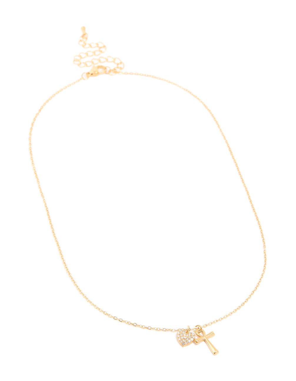 Presenting a waterproof charm cross and heart pendant necklace in cubic zirconia pave gold plated stainless steel front view