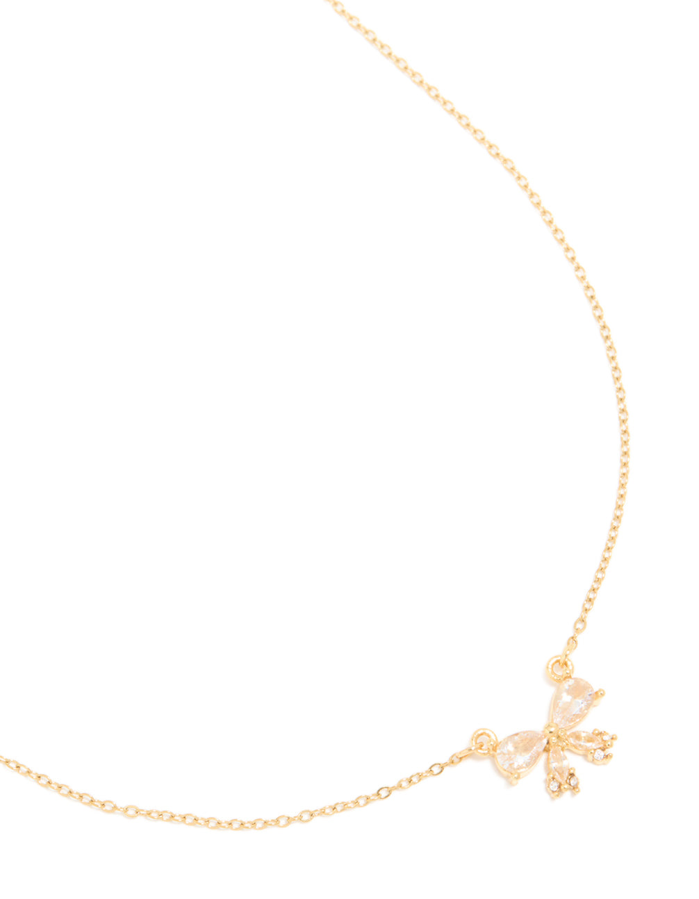 Elegant waterproof bow pendant necklace featuring stainless steel with cubic zirconia in gold plated finish close up view