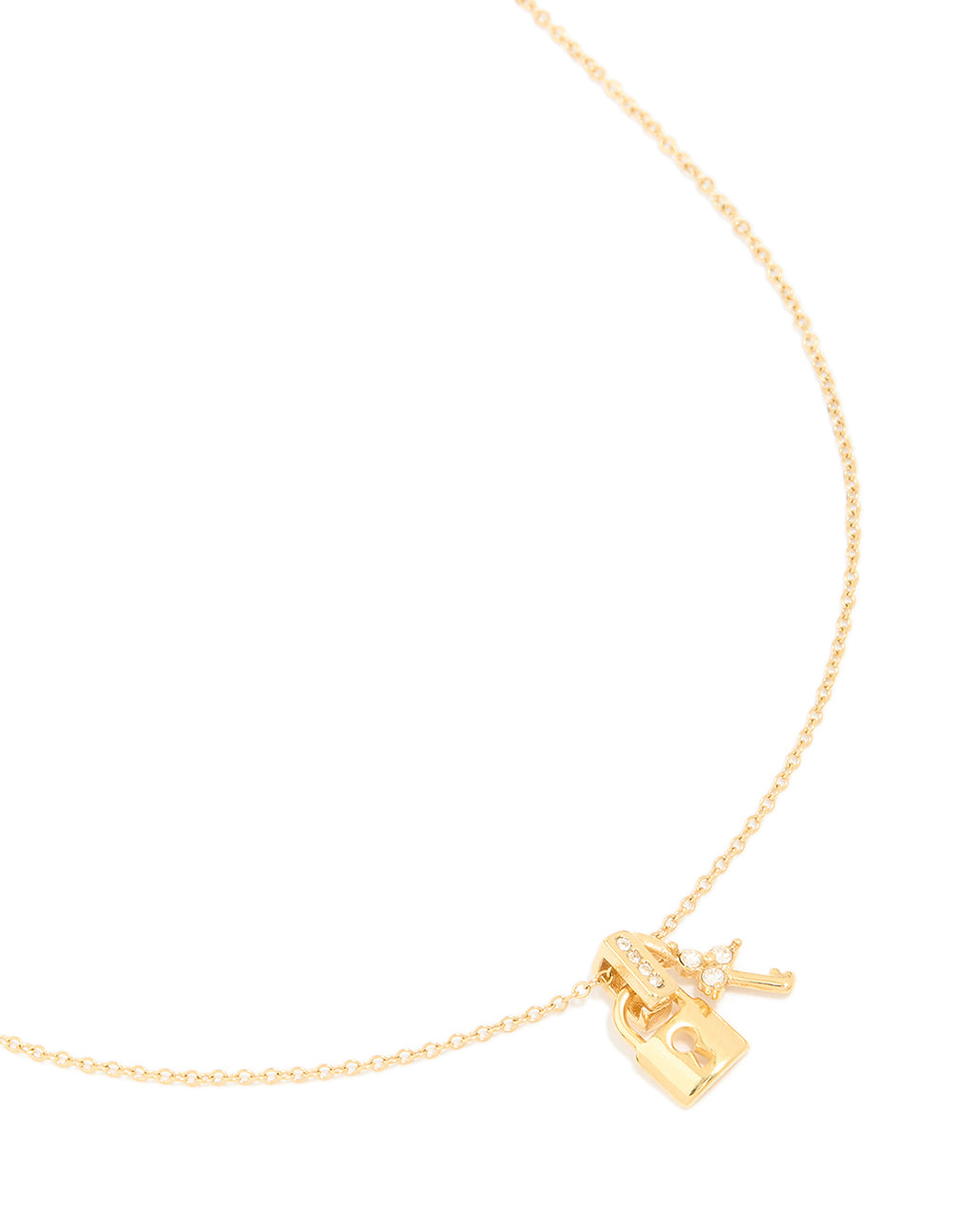 Showcasing a waterproof charm padlock dainty lock and key necklace crafted from stainless steel with cubic zirconia embellishments in a close up view