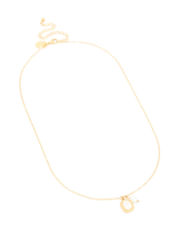 Waterproof Gold Plated Stainless Steel Pearl & Square Pendant Necklace Set