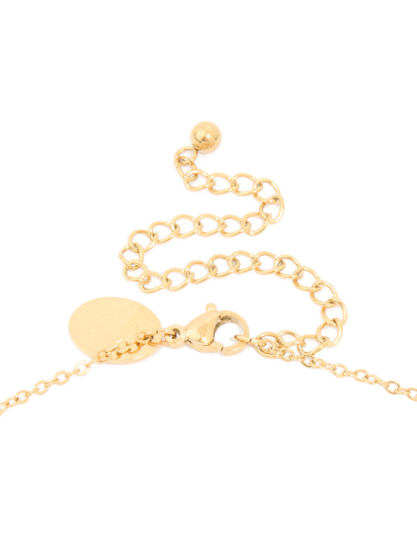 Featuring waterproof gold plated stainless steel necklace with pearl charm and square pendant clasp detail view