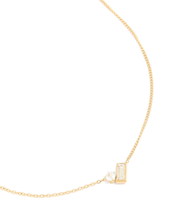 Waterproof Gold Plated Stainless Steel Cubic Zirconia Baguette & Round Pendant Necklace