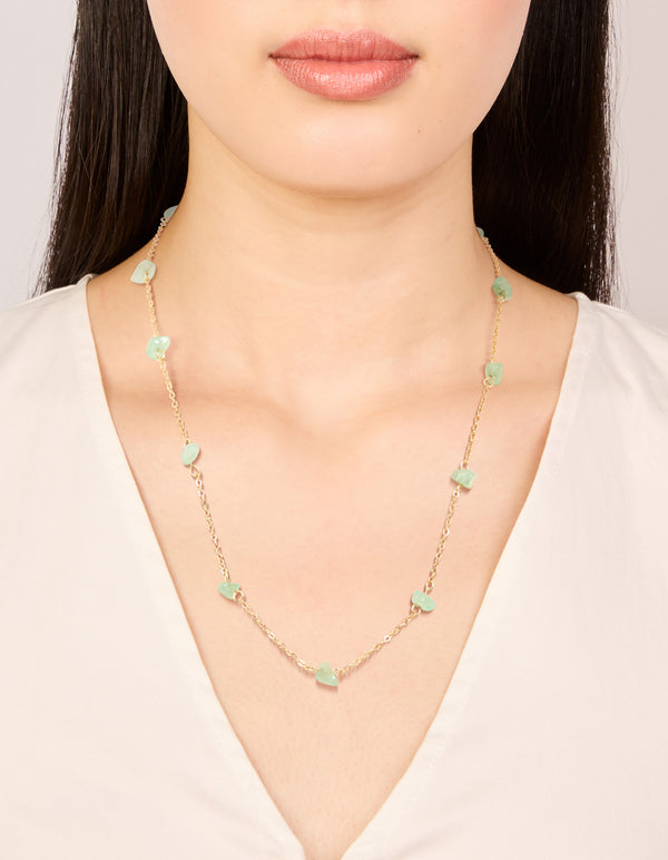 Waterproof Gold Plated Stainless Steel Green Semi Precious Stone Chip Necklace