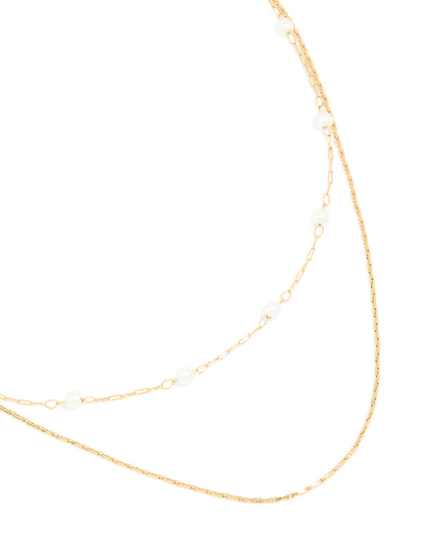 Waterproof Gold Plated Stainless Steel Pearl Beaded & Chain Layered Necklace