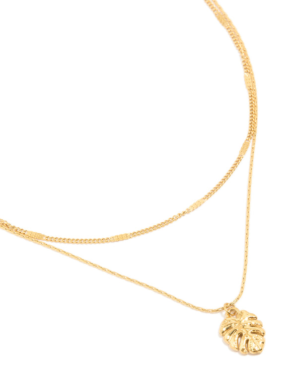 Waterproof Gold Plated Stainless Steel Chain & Leaf Layered Necklace