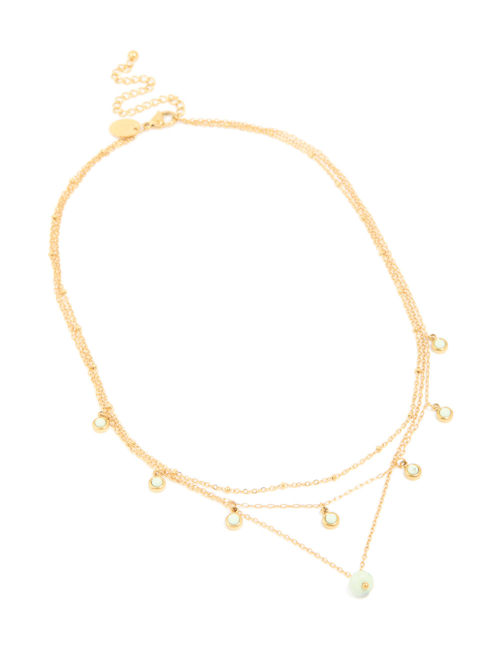 Waterproof Gold Plated Stainless Steel Green Jade Semi Precious Stone Pendant & Chain Layered Necklace