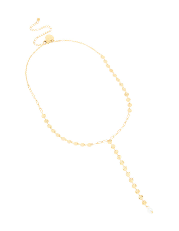 Designed with waterproof gold plated stainless steel featuring disc Y-necklace close up view