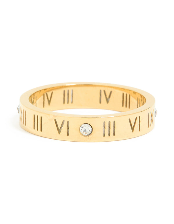 Designed with waterproof gold plated stainless steel featuring roman numerals and cubic zirconia accents close up view