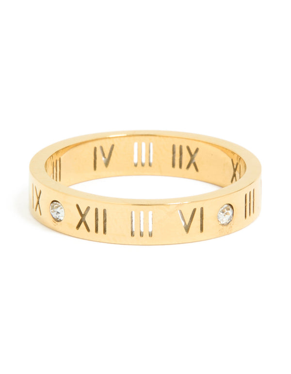 Showcasing a waterproof gold plated stainless steel band ring with roman numerals and cubic zirconia accents front view