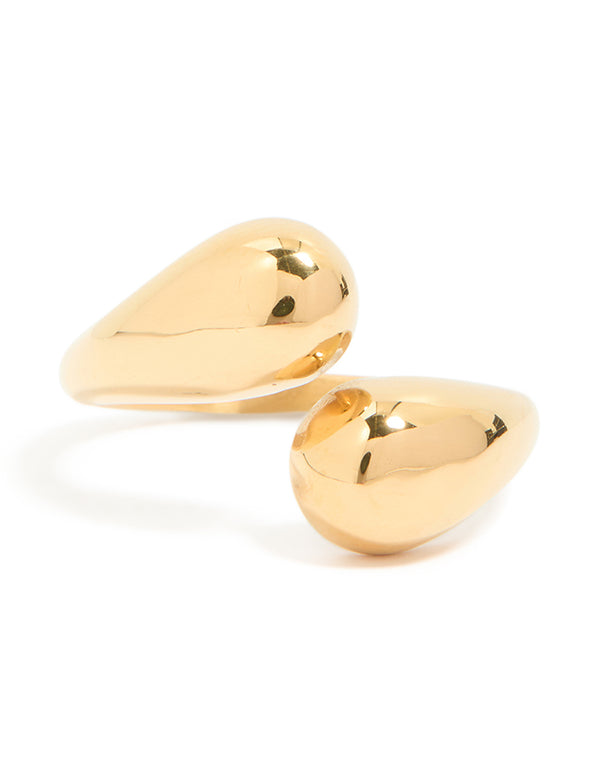 Presenting a waterproof gold plated stainless steel double teardrop wrap around ring close up view