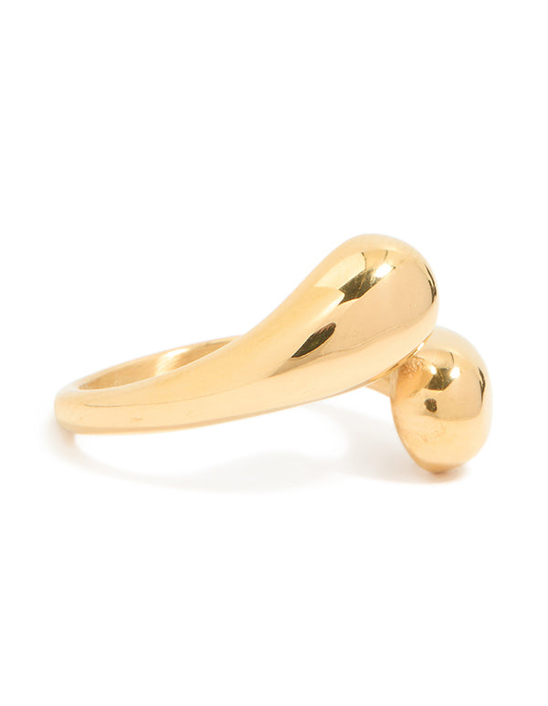 Showcasing a waterproof gold plated stainless steel double teardrop wrap around ring front view